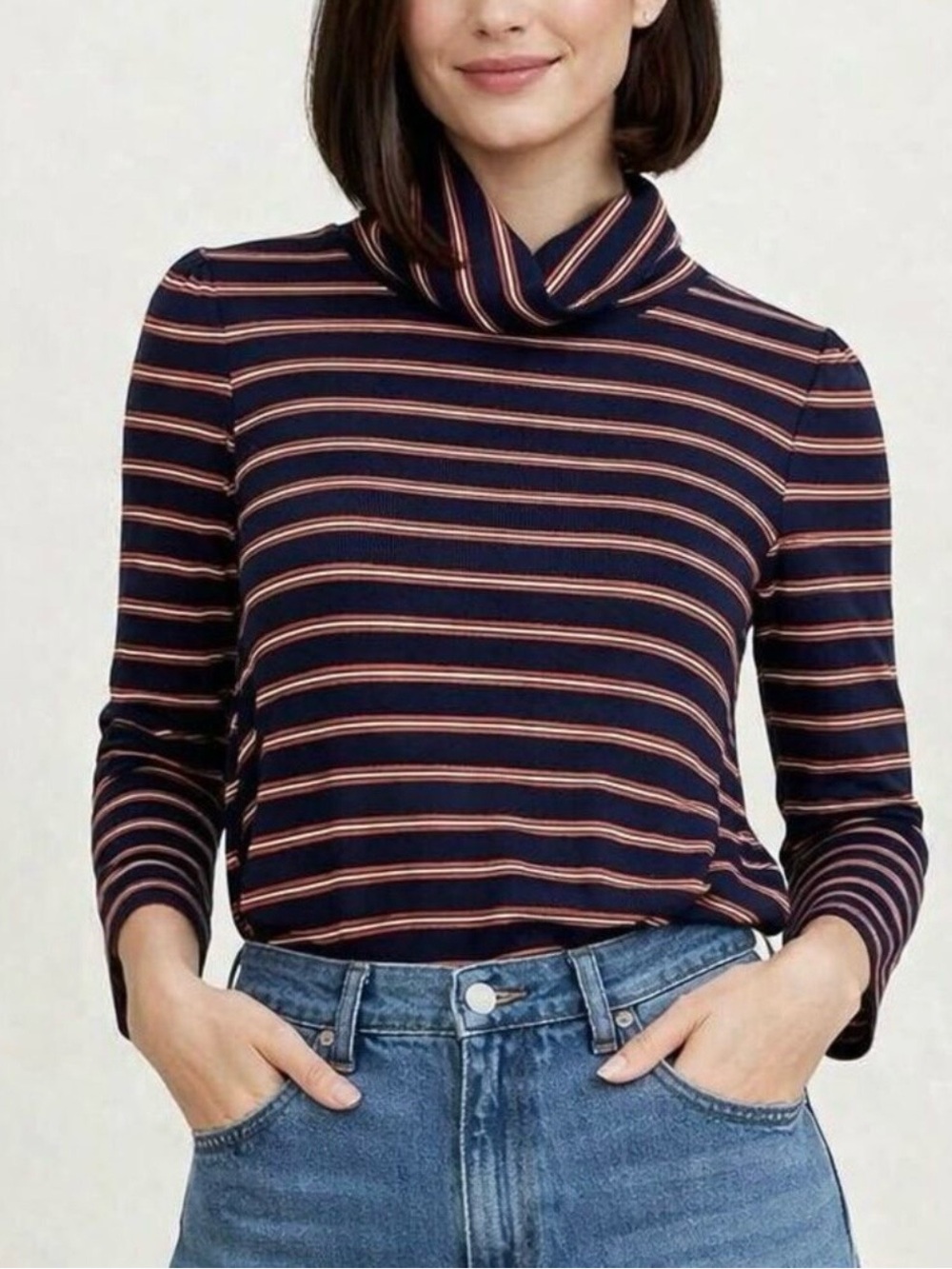Evereve Navy & Maroon Striped Turtleneck Sweater